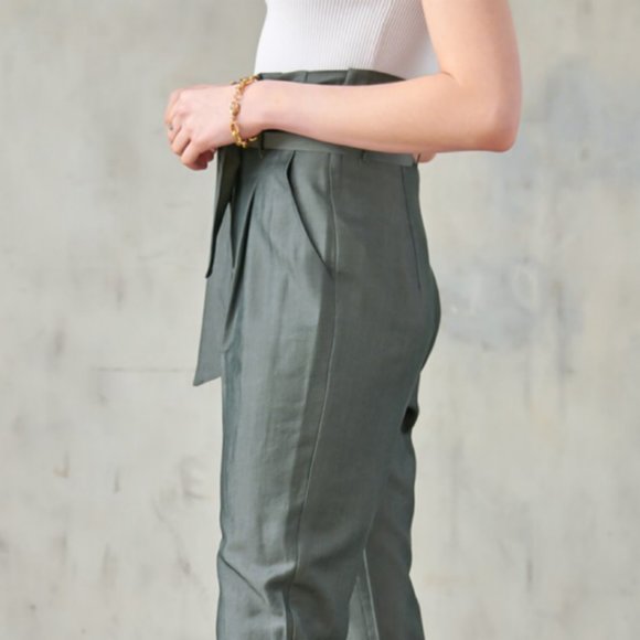 Paperbag Pants With Ankle Tie Detail in Gray Olive - Picture 6 of 8